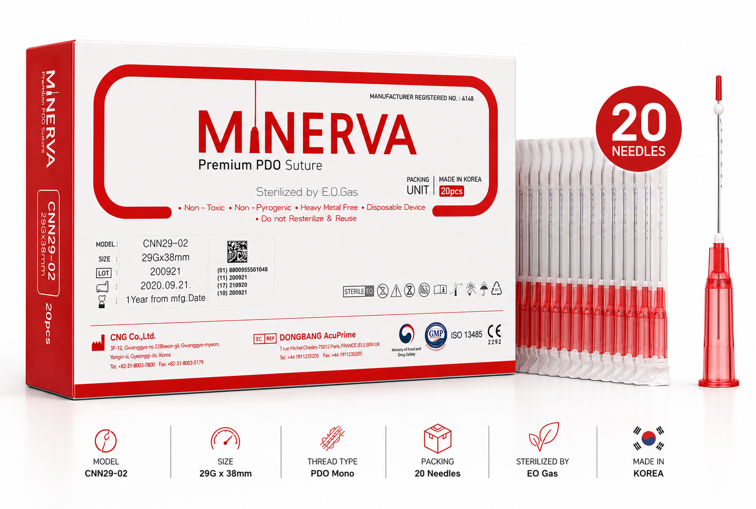 Minerva PDO Threads Lifting CNN29-02 (20 pcs, 29G × 38mm)