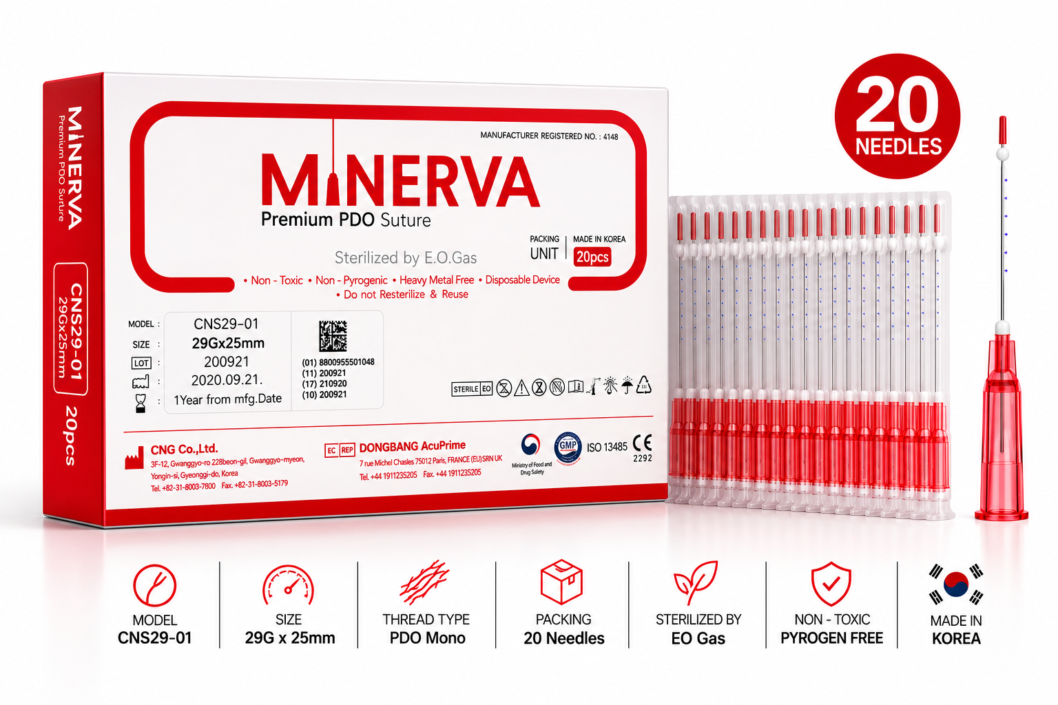 Minerva PDO Threads Lifting CNS29-01 (20 pcs, 29G × 25mm)